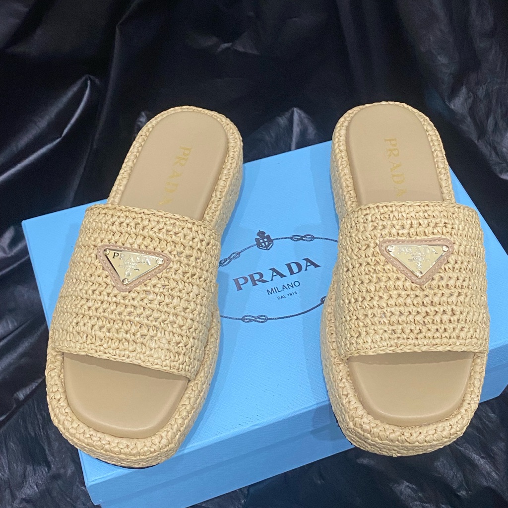 Prada Raffia Platform Slippers Gold Triangle Logo Eu 39